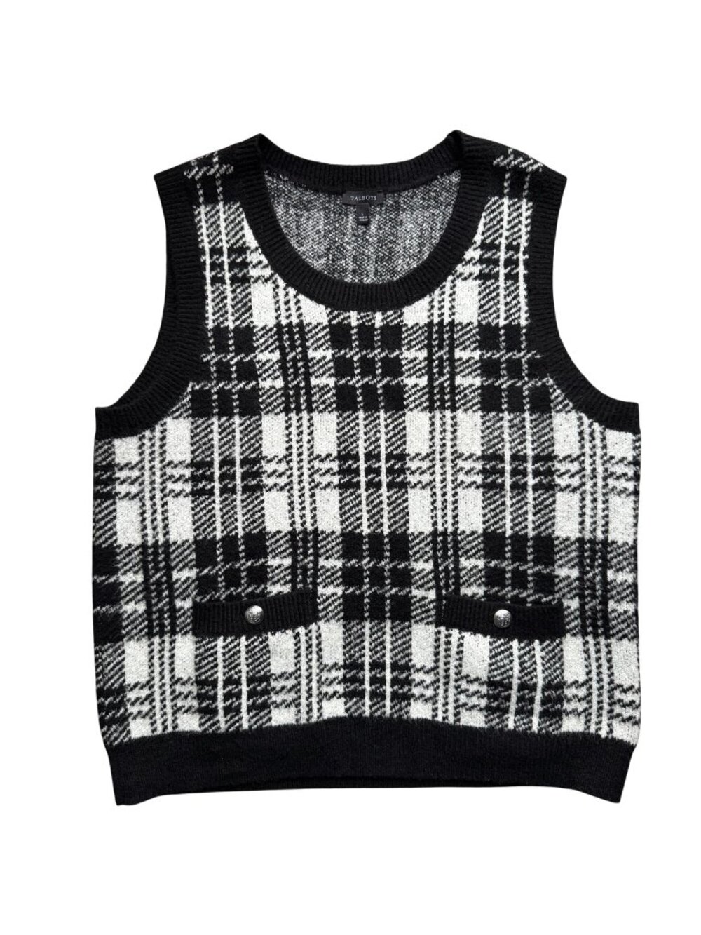 Talbots Womens Plaid Black White Knit Sweater Vest With Button Accents Size L